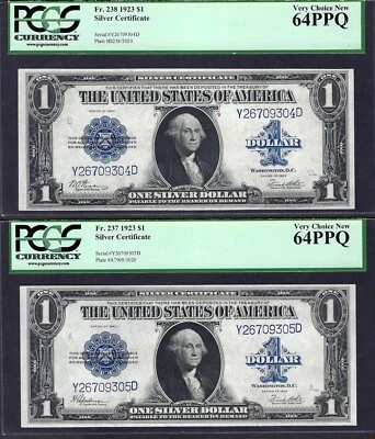 🇺🇸 1923 $1 SC FR-237 & FR-238 ♚♚CHANGE-OVER PAIR♚♚ PCGS VERY CH NEW 64PPQ - Image 1 of 2