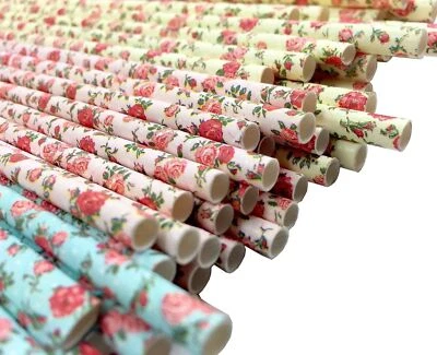 75pack Ecofriendly Biodegradable Paper Straws Vintage Rose & Floral Design In Pi - Image 1 of 4