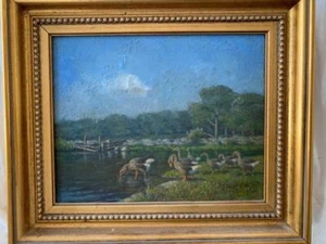 Pintura al óleo pastoral vintage, Walt Douglas Salmagundi Art Club Roses Pond - Imagen 1 de 10