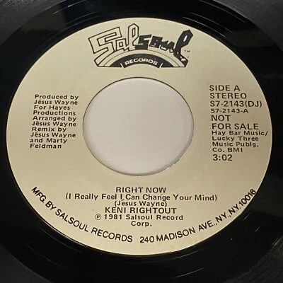 Keni Rightout: Right Now (Stereo) / (Mono) 45 - Salsoul - Disco Soul Boogie Foto 1 de 2