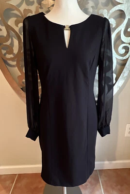 DKNY Shift Dress Black Midi Sheer Long Sleeve gold clasp yoke Size 10 - Image 1 of 4