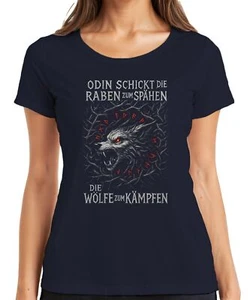 Odin schickt Raben Wölfe Kämpfen Fenrir Wikinger Nordisch Runen Damen T-Shirt - Bild 1 von 15