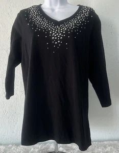 Quacker Factory Shirt Damen Large schwarz 3/4 Arm Perlen V-Ausschnitt Oberteil - Bild 1 von 9
