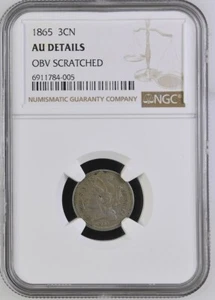 1865 Three-Cent Nickel 3CN - NGC AU Details (Obv. Scratched) - Picture 1 of 2