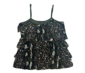 Almost Famous Women's Size L Ruffled Mesh Layered Front Tank Top Camouflage EUC  - Picture 1 of 7