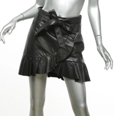 Minifalda corta PAIGE NIVELLE de cuero con volantes negros envoltura sintética con cinturón lazo 4 S NUEVA Foto 1 de 4