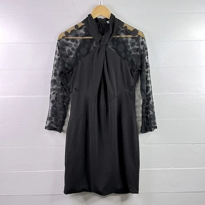 KAREN MILLEN Black Mesh Polka Dot Below Knee Polyester Long Sleeve Dress Size 10 - Image 1 of 4