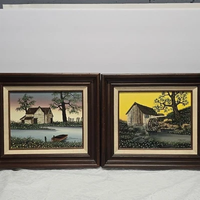 H Hargrove Original Oil Painting Set Lakehouse / Water Wheel Mill Vintage 1983 - Image 1 of 4