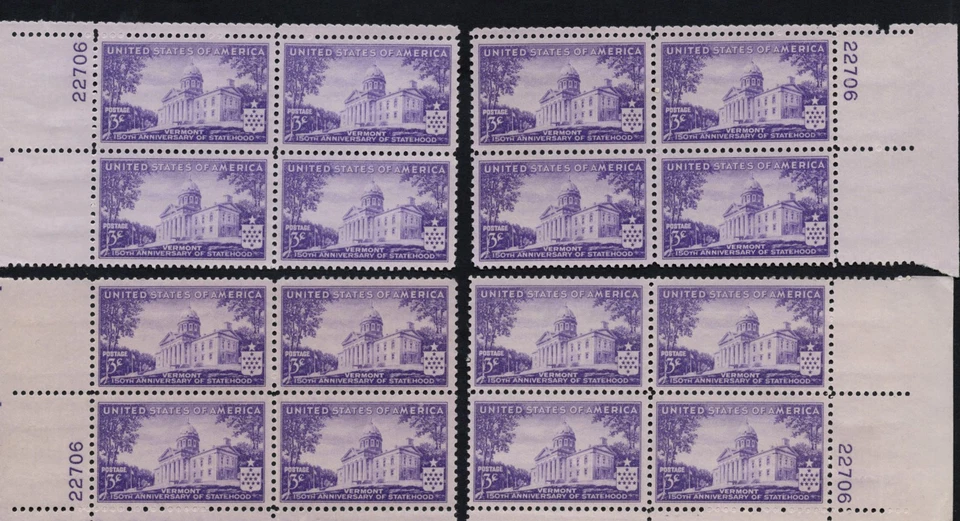 1943 VERMONT STAMP #903 MINT NH 4-CORNER PLATE BLOCK #22707 - Image 1 of 1
