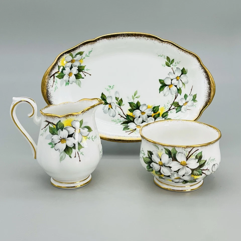 VTG Royal Albert Bone China WHITE DOGWOOD BRUSHED GOLD Creamer Open Sugar & Tray - Image 1 of 4