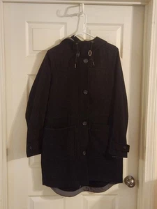 L.L. BEAN Women Sz Large West End Hooded Wool Pea Black Coat - Picture 1 of 10