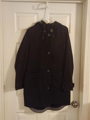 L.L. BEAN Women Sz Large West End Hooded Wool Pea Black Coat - Image 1 of 4