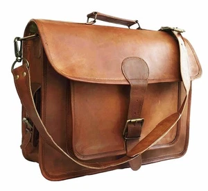 New Brown Men's Genuine Leather Large Laptop Case computer Shoulder Bag - Picture 1 of 4