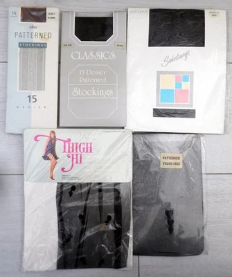 Pacote/lote de trabalho 5 pares (4 preto, 1 cinza) meias vintage década de 1980 estampadas transparentes - Imagem 1 de 4