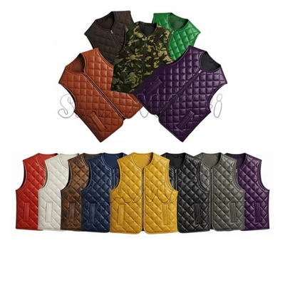 14 Colors Men's Premium Leather Puffer Vest Quilted Biker Motorcycle Zipper Vest - Image 1 of 4