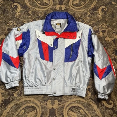 Vtg Descente Men’s Moto Style Ski Jacket Size L Silver Gray Blue Red - Image 1 of 4