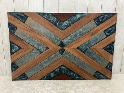 Wood & Blue Resin Epoxy Coffee Side Table Top Only Geometric Rectangle 26” x 17” - Image 1 of 4