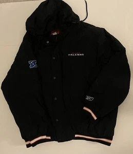 Vtg Rebook 90’s Atlanta Falcons NFL Black Size XL Nylon Authentic Hooded Jacket - Picture 1 of 7