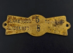 Antike 1916 Lakewood Township NJ Erkennungsmarke Lizenz Messing #58 - Bild 1 von 2