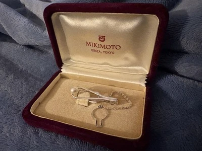 Mikimoto Ginza Tokyo Sterling Silver Pearl Tie Clip Bar with Chain&Original Box - Image 1 of 3