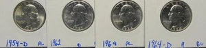 1954-D, 62, 64, 64-D WASHINGTON SILVER QUARTERS 90% SILVER BU 4-SILVER 90% COINS - Picture 1 of 10