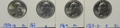 1954-D, 62, 64, 64-D WASHINGTON SILVER QUARTERS 90% SILVER BU 4-SILVER 90% COINS - Image 1 of 4