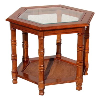 Mid-Century Modern Hexagonal Walnut Side Table With Glass Top & Cane Shelf - Image 1 of 4
