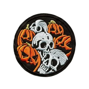 Halloween Skulls and Pumpkin Embroidered Iron On Patch Jack O Lantern Theme - Picture 1 of 2