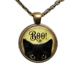 BOO Negro Gato Amantes Halloween Diversión - Hecho a Mano REDONDO Vidrio Colgante Collar - Imagen 1 de 10