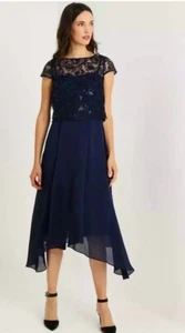 COAST 'JADE' EMBROIDERED SEQUIN LACE NAVY CHIFFON HI LOW MIDI DRESS 8 BNWT £149 - Picture 1 of 6