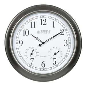 Reloj 18 in. Termómetro analógico atómico metálico plateado para interiores y exteriores - Imagen 1 de 8