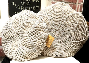 NWT Lot of 2 Round Crochet Ecru Lace Macrame Themed Throw Pillows 18'' & 24'' - Picture 1 of 22