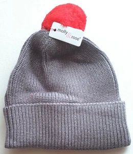 NUEVO Niños Gris Lana Rojo Bobble Tejido Sombrero Pom Invierno Moda Reino Unido - Imagen 1 de 2