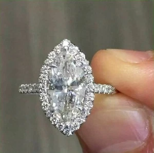 3Ct Marquise Cut Lab Created Diamond Halo Engagement Ring 14K White Gold Finish - Picture 1 of 4