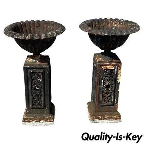 Antique 31" French Victorian Cast Iron Fluted Urn Garden Planter Pedestal - Pair Cover