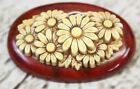 Vintage 1940s Carved Celluloid Daisies Pin Brooch Wood Base 2 1/2"
