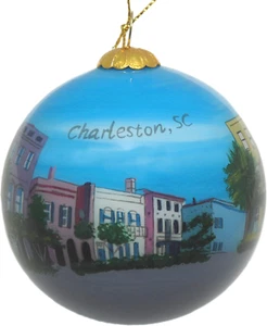 Blown Glass Christmas Ornament | Rainbow Row Houses Charleston | Hand Painted in - Picture 1 of 5