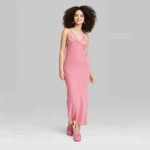 Sz XL Pink Wild Fable Women's Rosette V-Neck Mesh Maxi Slip Dress Open Back - Picture 1 of 7