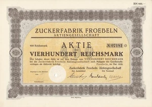 Zuckerfabrik Froebeln, 400 Reichsmark 1928, ksfr. - Picture 1 of 1