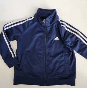 Boys Adidas Boys Size 5 zip up Track jacket navy blue 3 Stripe White - Picture 1 of 5