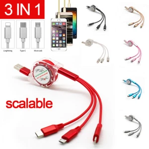 3 in 1 Multi USB Retractable Charger Cable Cord iPhone USB TYPE C Android Micro - Photo 1 sur 19