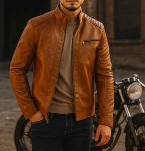 Mens Cafe Racer Biker Real Leather Jacket Brown Colour - Genuine Leather Jacket - Picture 1 of 5