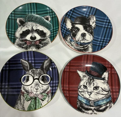 Pier 1 One Imports Juego de 4 Platos de Pan de Postre Sombreros de Animales Cuadros Gato Perro 6" Foto 1 de 4