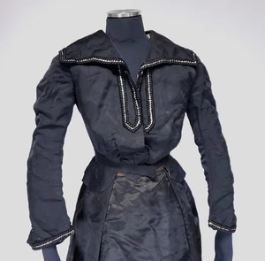 Antik viktorianisch schwarz Seide Top Bluse Matrosenkragen Trauer Kleid Jacke alt - Bild 1 von 8