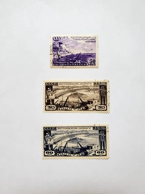 Soviet Ukraine 3 stamp, Hinged, Cancelled, 1946-47 Issue. Dniproges. - Image 1 of 2