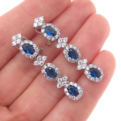 925 Sterling Silver Blue & White C Z Dangle Omega Back Earrings - Image 1 of 4