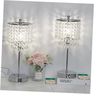 Crystal Table Lamp Set of 2 Touch Control, Crystal Lamps with USB Ports Silver - Picture 1 of 7