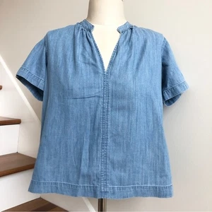 Blusa Madewell para mujer talla XXS azul cambray manga corta cuello en V gran tamaño cuadrada - Imagen 1 de 11