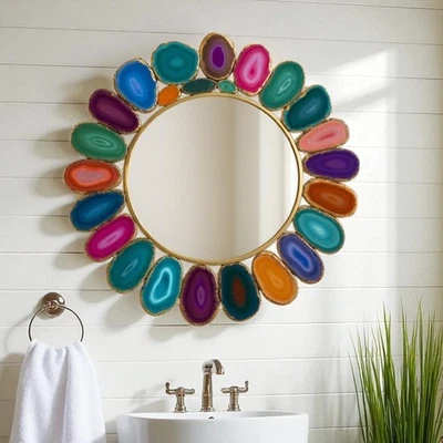 Mix Agate Stone Wall Hanging Mirror with Glass Unique Designer Vanity Top Decor - Image 1 of 4