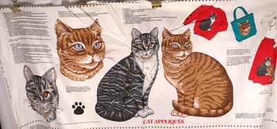 34"L x 44"W 2 VIP Cranston Cat Appliques 17" Panels Brown Gray Cat Sitting Heads - Image 1 of 4